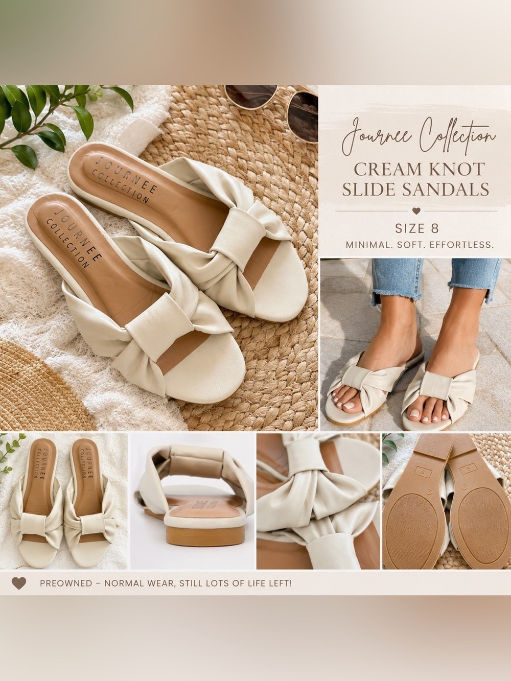Journee Collection Cream Knot Slide Sandals Size 8 Soft Neutral Summer Flats